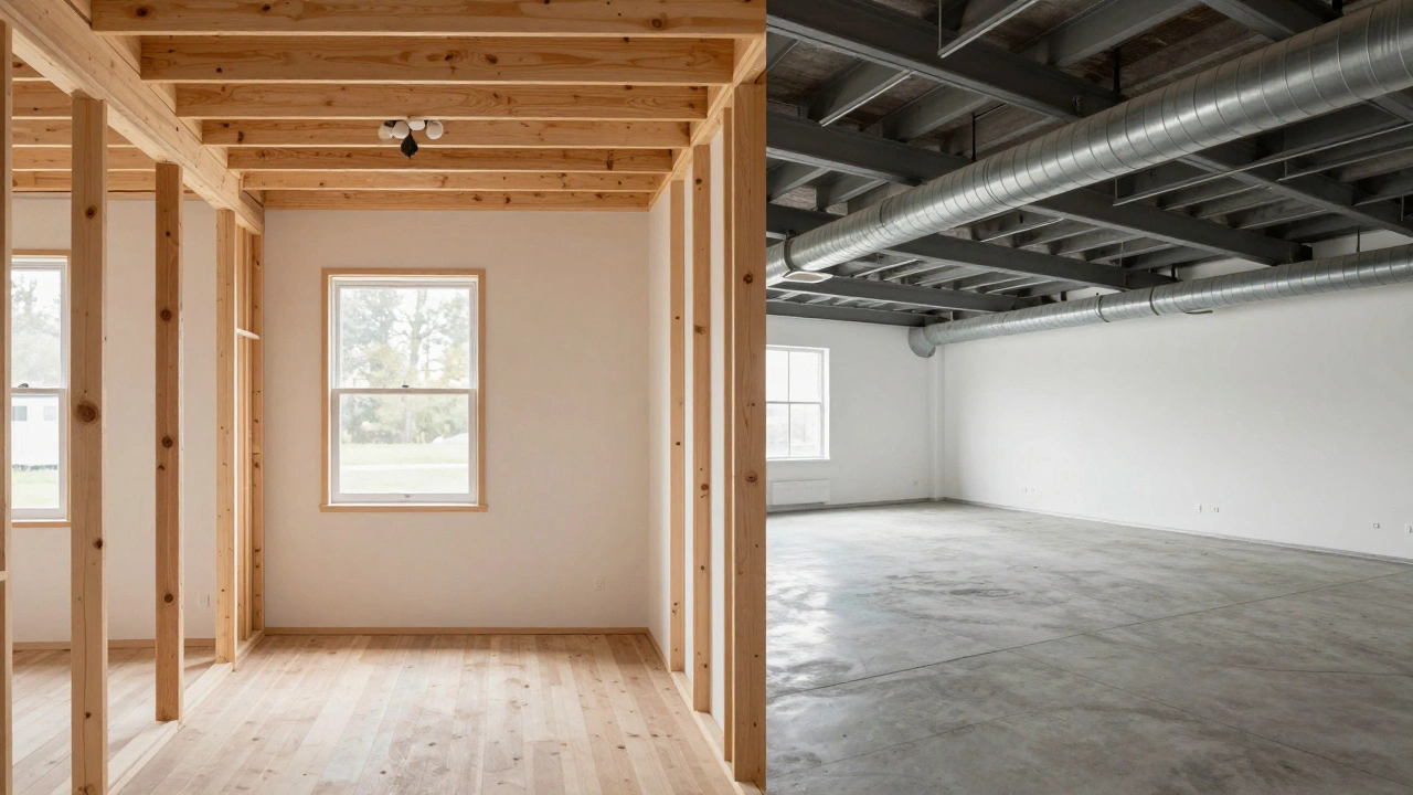 Split image comparing residential wood framing to commercial steel and concrete construction.