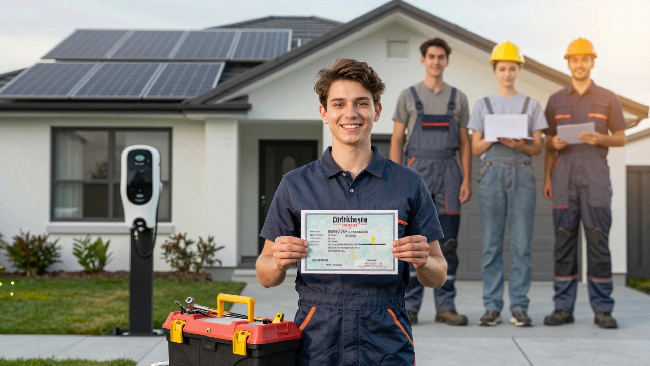Young apprentice holding electrician license beside tools and solar-powered home.
