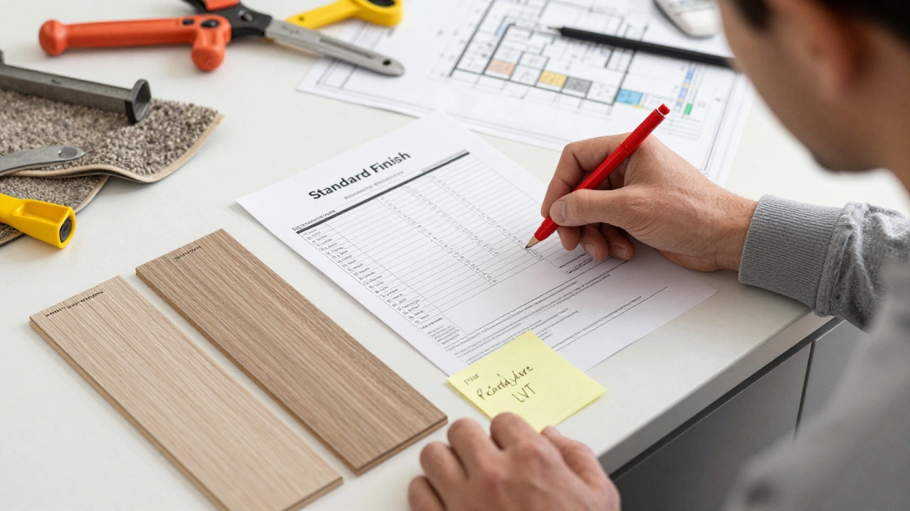 A homebuyer examining flooring samples and a builder's finish schedule document at a kitchen counter.