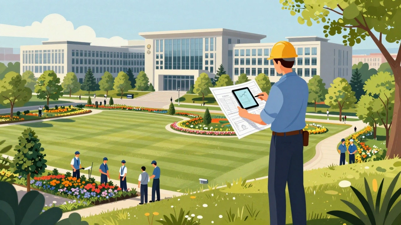 A landscaper reviewing plans on a hill overlooking a well-maintained corporate campus.