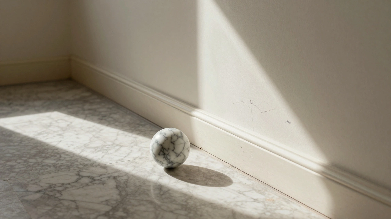 A marble rolling toward a wall on an uneven floor, with visible gaps between walls and skirting boards in an aging home.