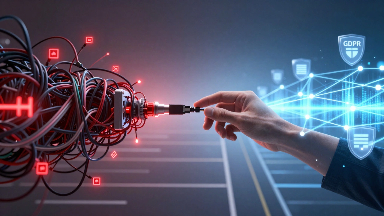 A split image showing chaotic system failure transforming into a stable, secure digital infrastructure.