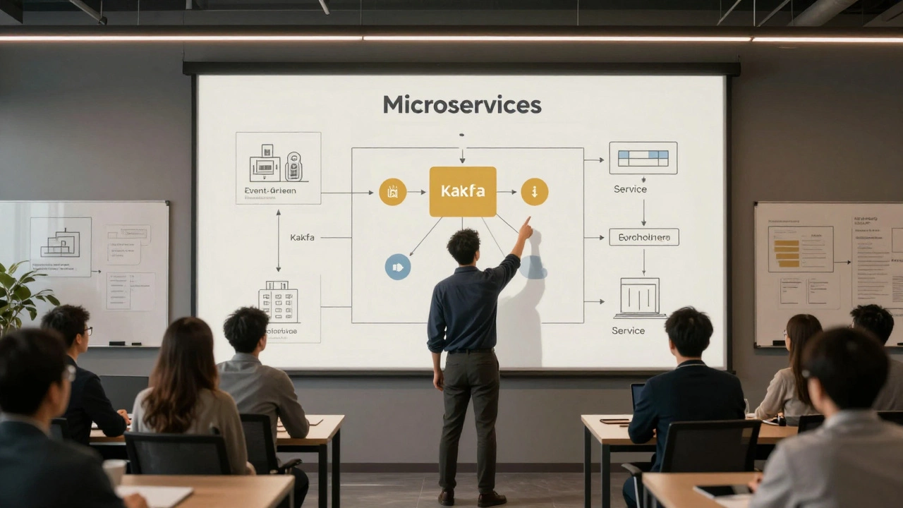 A technical leader pointing to a complex microservices architecture diagram in a modern office.