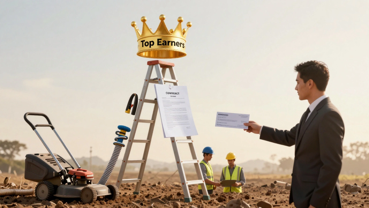 A tool ladder rising to a golden crown, symbolizing the path from labor to business success.