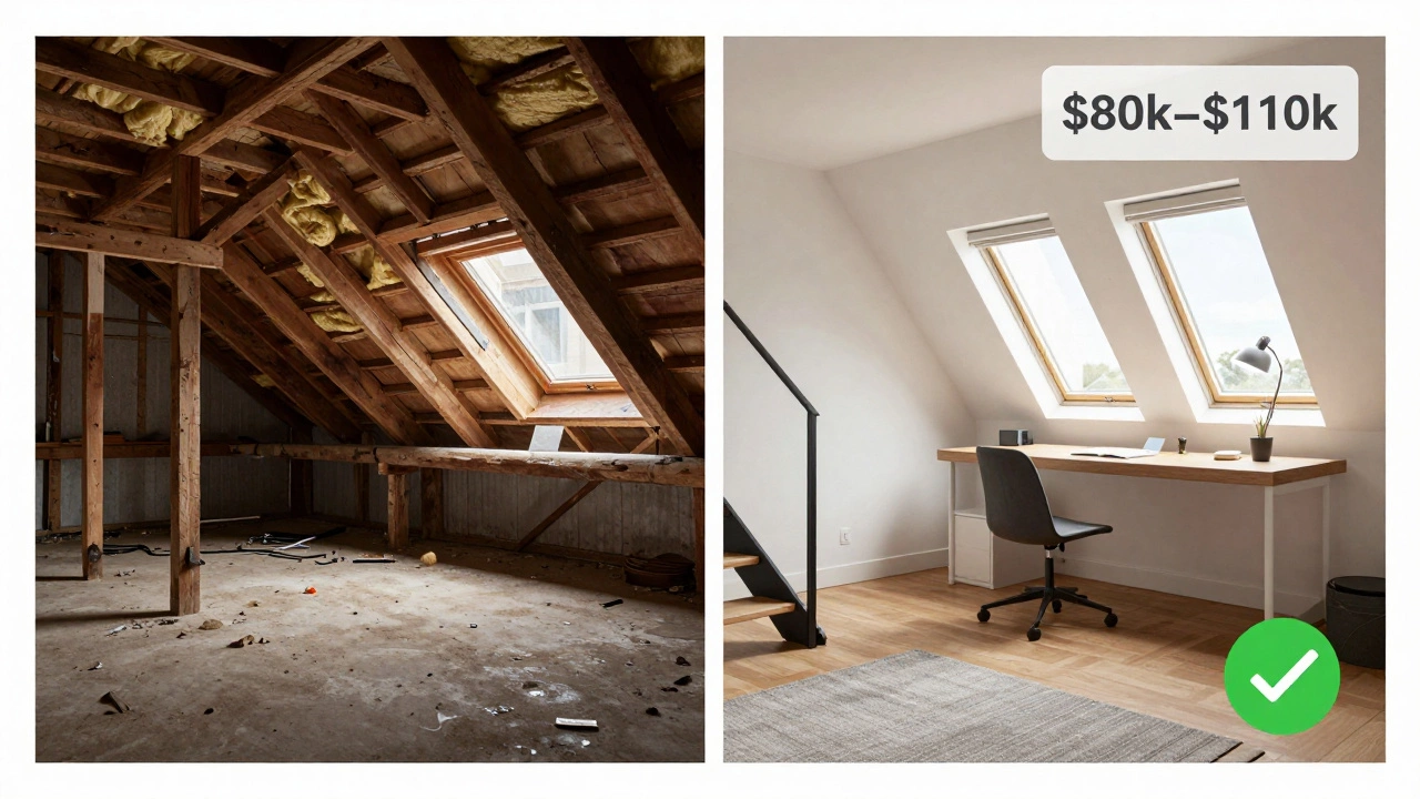 Before and after view of a dark, unused attic transformed into a light-filled home office with a modern staircase.