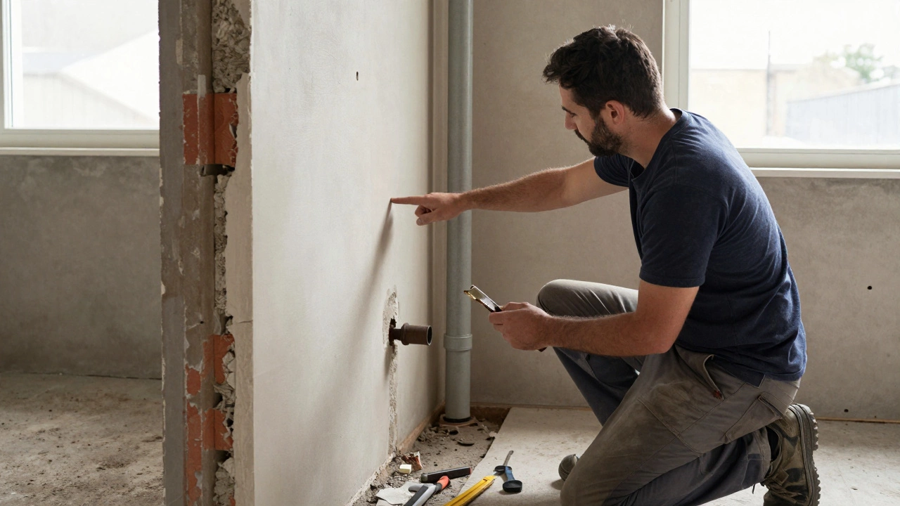 Contractor examining mold and damaged pipes behind an open bathroom wall.