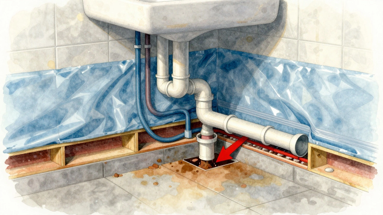 Cross-section of bathroom wall showing hidden plumbing, wiring, and structural layers