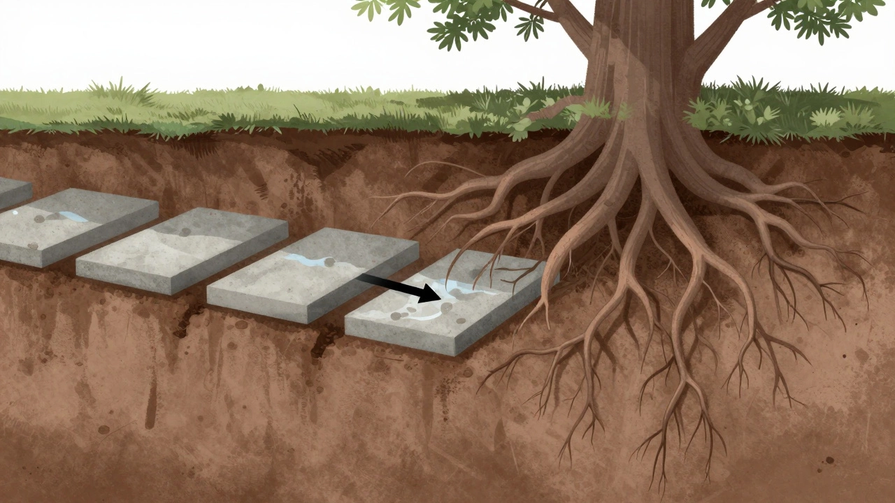 Cross-section of soil beneath an old foundation showing shifting clay and decaying tree roots affecting structural stability.
