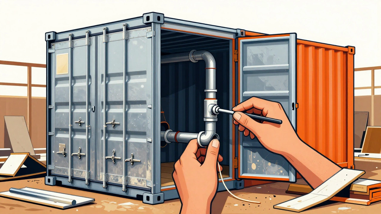 DIY plumbing installation in a shipping container home in Tauranga.