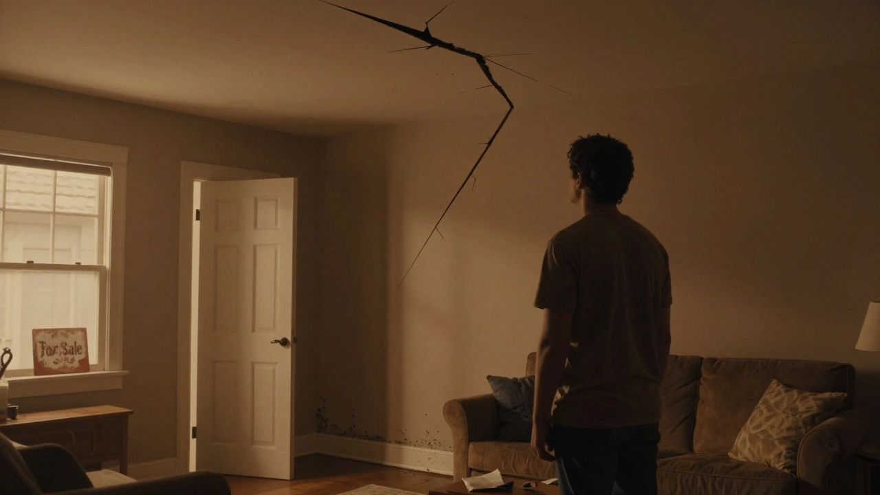 Homeowner staring at a large ceiling crack with a crooked door and mold along the baseboard, a 'For Sale' sign visible outside.