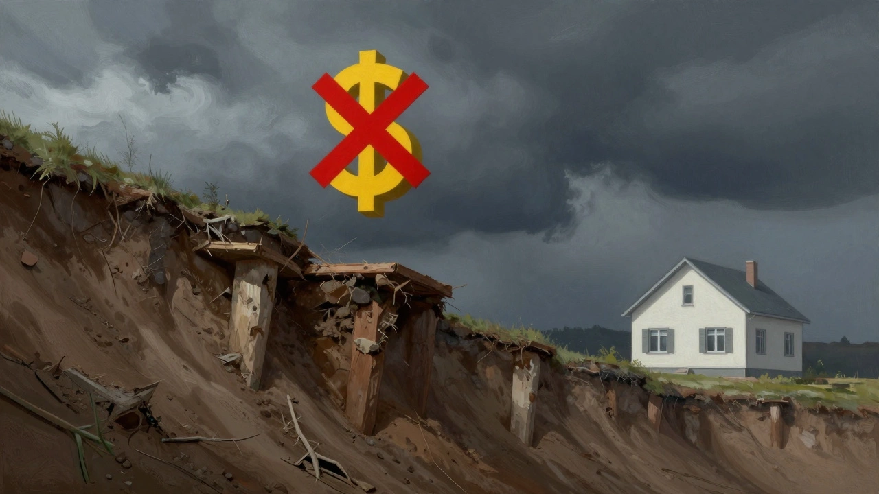 House on an eroded slope with sinking piers in clay soil, contrasted with a clean new home in the distance, a red X over a floating dollar sign.
