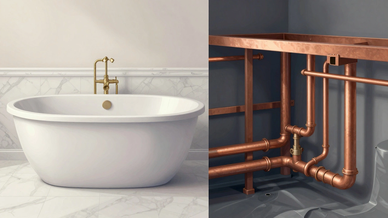 Luxury tub next to hidden plumbing network beneath it, showing hidden costs.