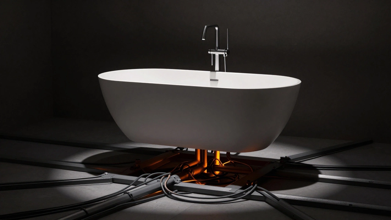 Modern bathtub floating above a tangle of hidden pipes and electrical wires