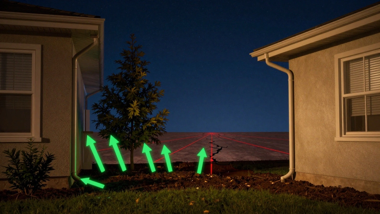 Proper drainage setup around a house with sloped soil and extended downspouts.