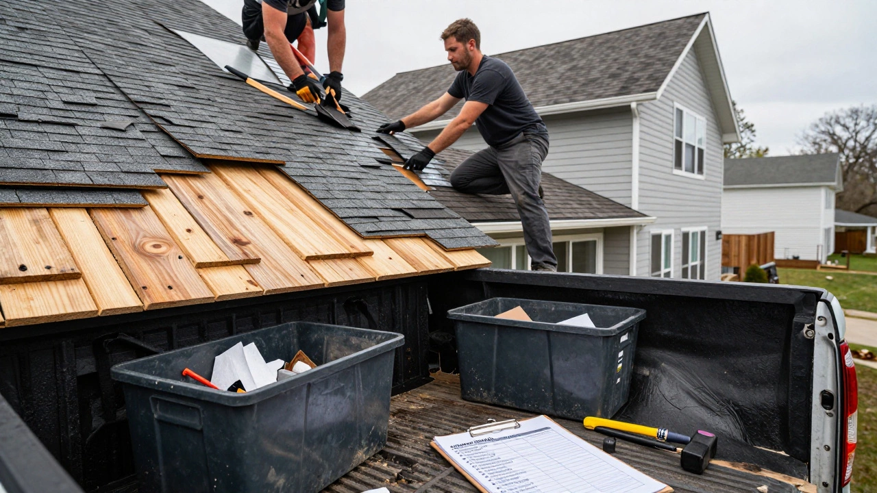 Roofing crew removing old shingles with permits and tools visible on truck bed.