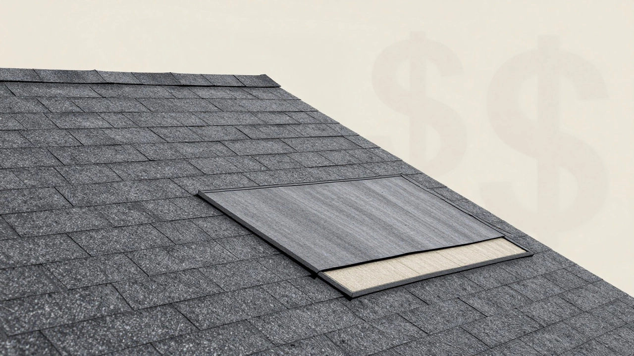 Simplified layered roof structure showing budget-friendly materials: shingles over shingles with basic underlayment.