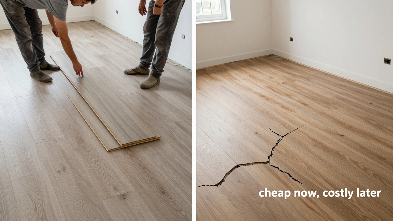 Split image: left shows basic vinyl flooring being installed; right shows the same room with upgraded luxury vinyl tile.