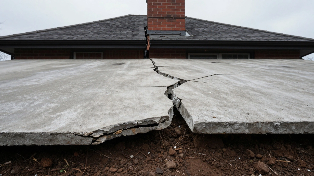 A cracked concrete slab and pulling chimney with soil erosion, signaling severe foundation movement due to reactive soil.