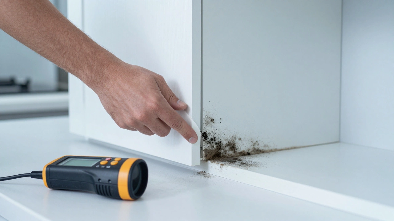 A hand peeling back a kitchen cabinet to reveal hidden black mold, with moisture detection tools on the counter nearby.