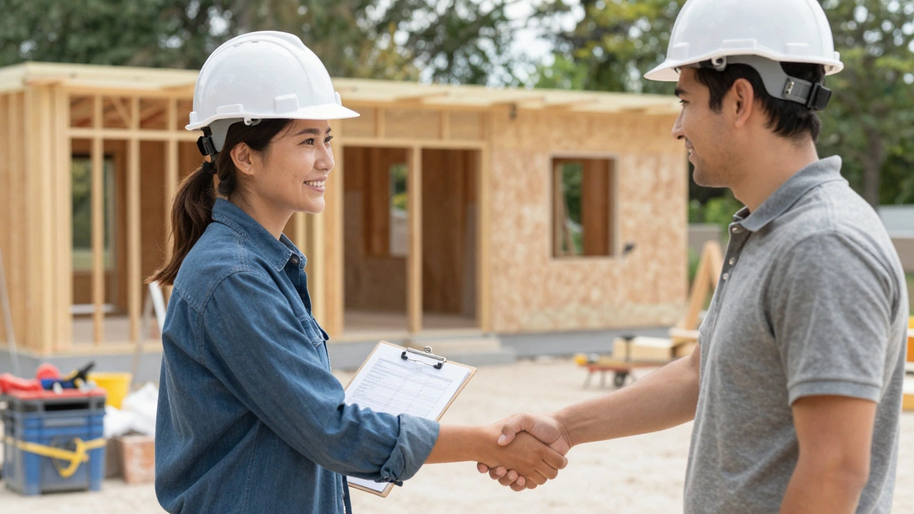 A homeowner and project manager shaking hands at a clean, organized construction site.