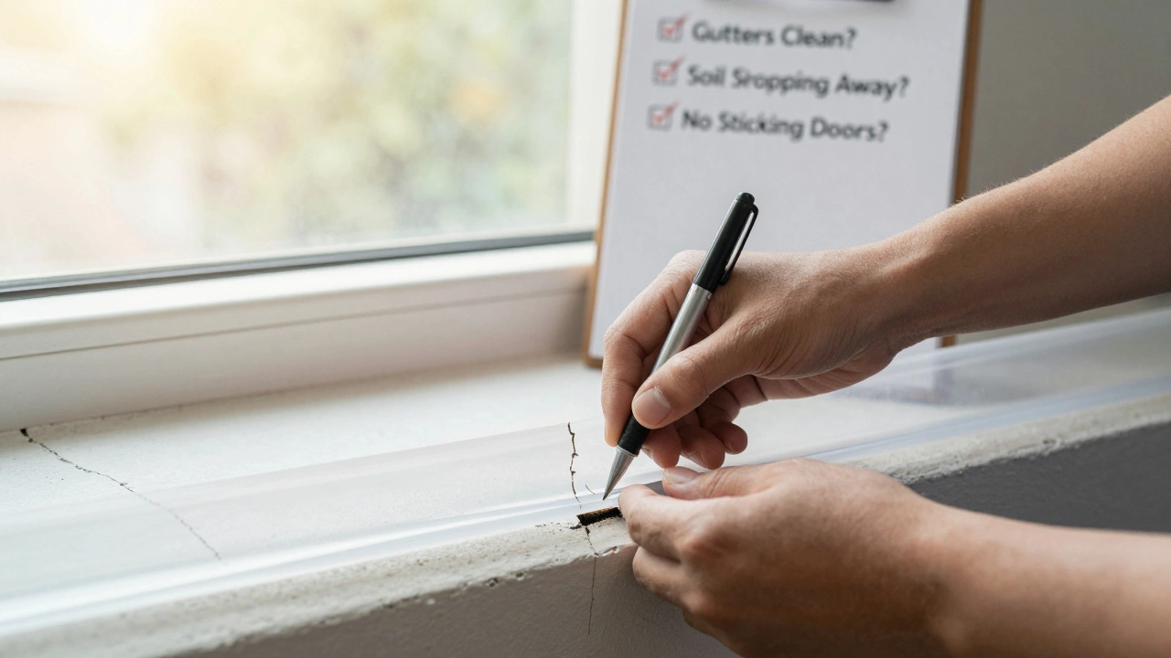 A homeowner monitoring a foundation crack with tape and a pen, surrounded by signs of proper drainage checks.