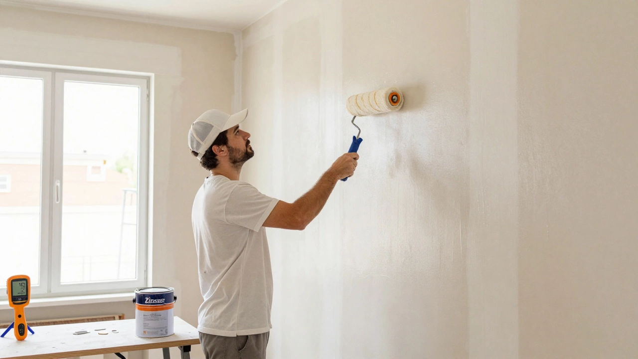 A homeowner priming new drywall with a roller, moisture meter reading 9%, in a well-ventilated room with natural light.