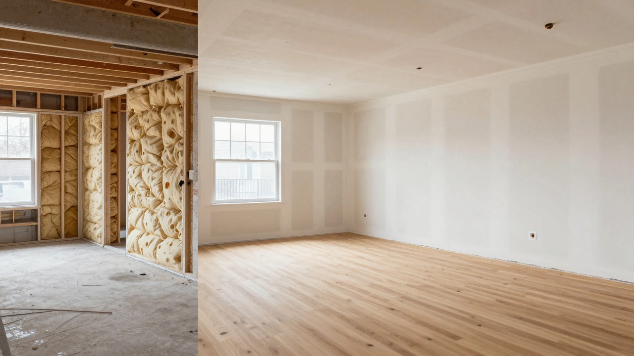 A timeline of home renovation stages from structural work to final flooring installation.