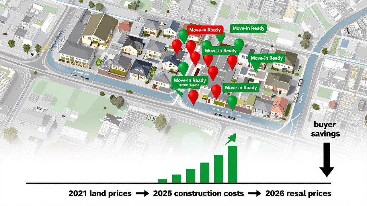 A Wellington map with red and green pins showing construction delays and ready-to-buy homes, with a cost timeline below.