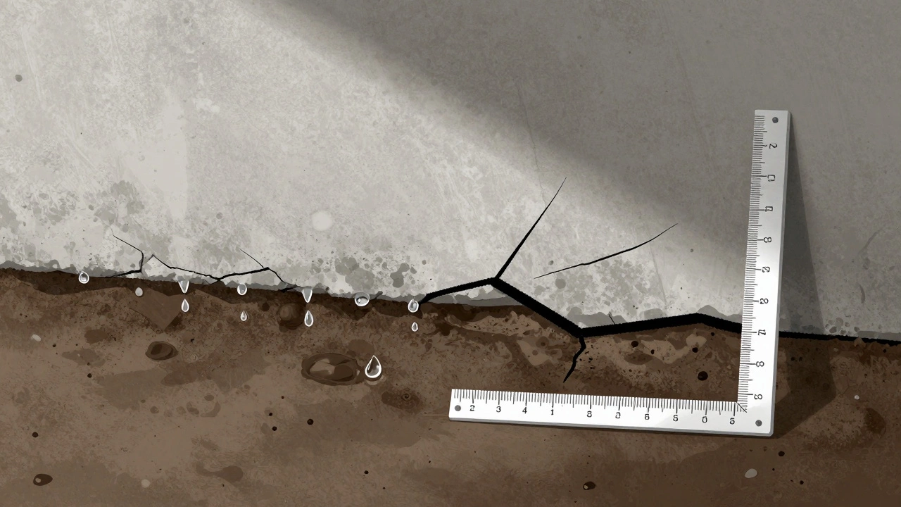 A wide horizontal crack in a basement wall with water seepage and efflorescence, indicating structural pressure.