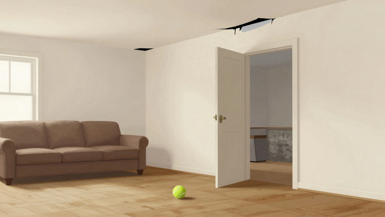 An uneven floor with a rolling tennis ball and gaps between wall and ceiling, showing structural shifting in a home.
