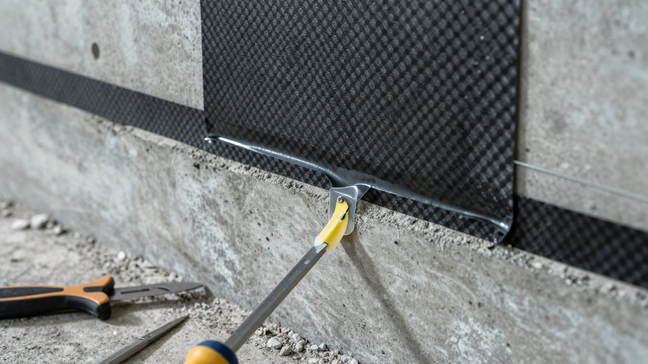 Black carbon fibre mesh strips bonded to grey concrete foundation.
