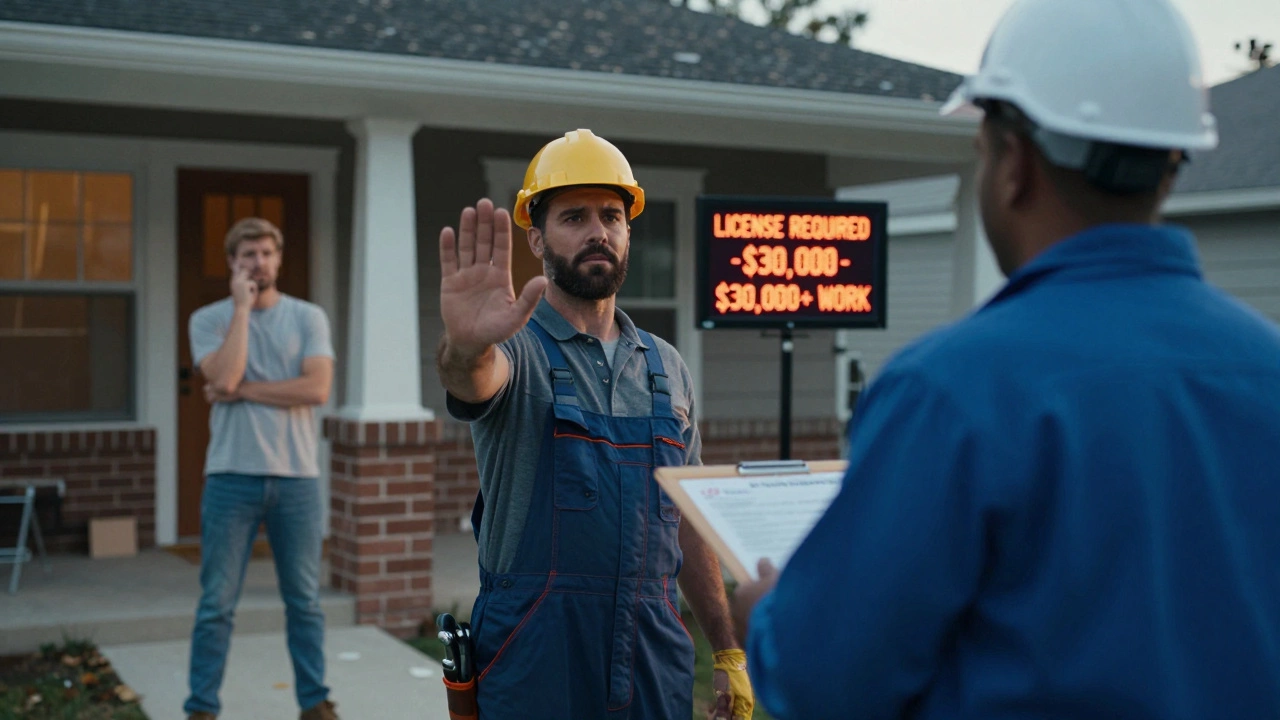 Building inspector stopping unlicensed worker from starting renovation work.