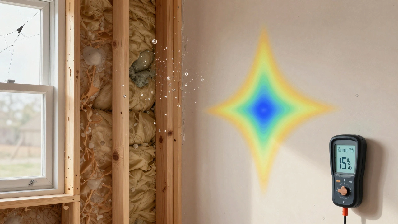 Cross-section of a wall showing wet framing, trapped moisture, and mold spores with a moisture meter indicating high readings.
