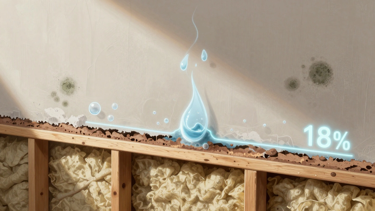 Cross-section of a wall with trapped moisture causing paint bubbles and mold, revealing drywall and framing underneath.