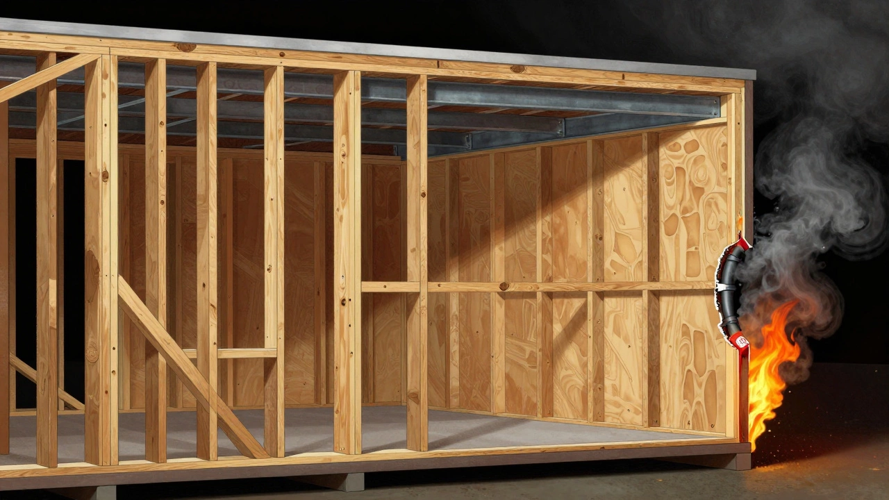 Cross-section of Type C building showing wood studs, gypsum board, and missing fire-stopping around a conduit.