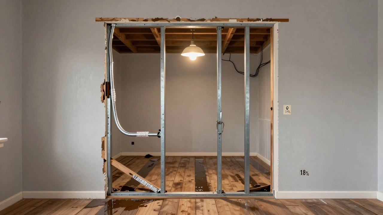 Exposed structural beams and outdated wiring in a home's interior, showing renovation hazards.
