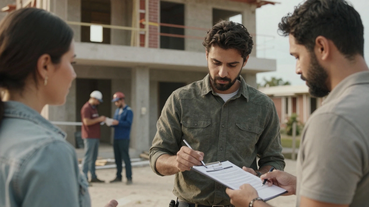 General contractor signing contract with homeowner while subcontractors work on a building.