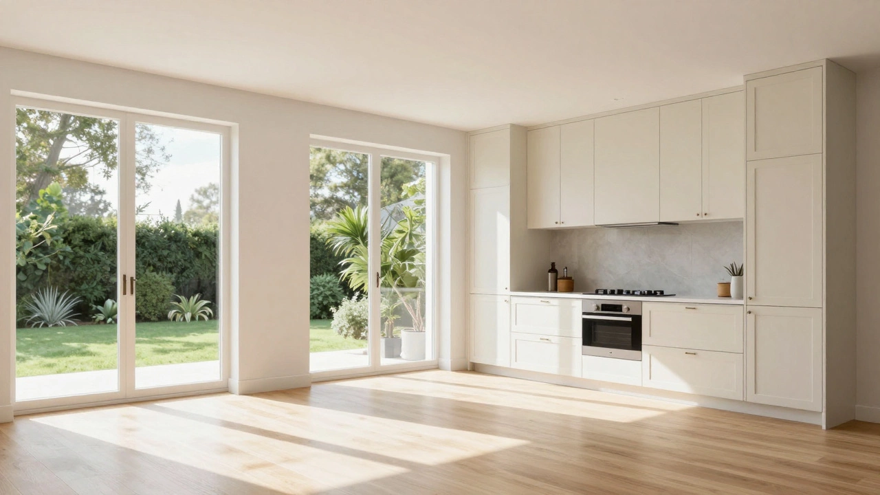 Modern energy efficient kitchen with shaker cabinets and sunlight.