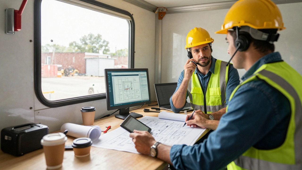 Project manager in a trailer coordinating construction teams using digital tools and radio.