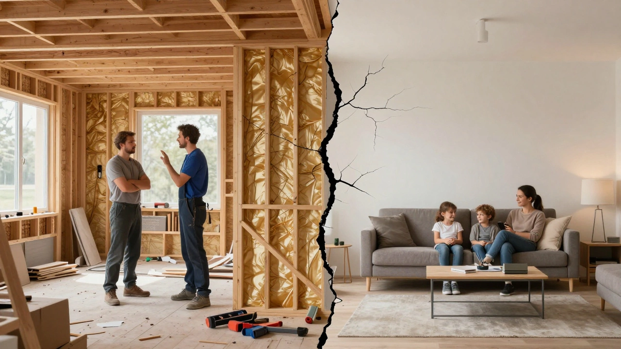Side-by-side interior scenes: a chaotic half-built house versus a peaceful, fully furnished modern living room.