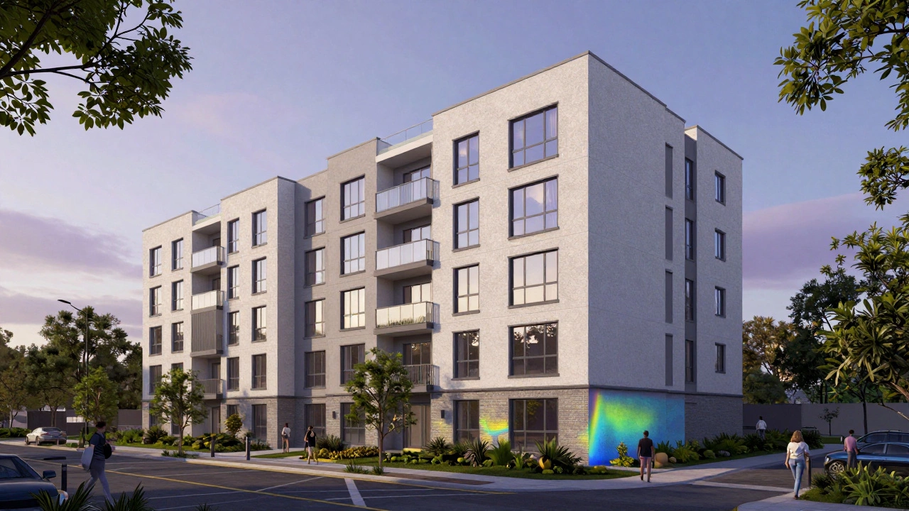 Six-story wood-frame apartment with insulated exterior and energy-efficient windows.