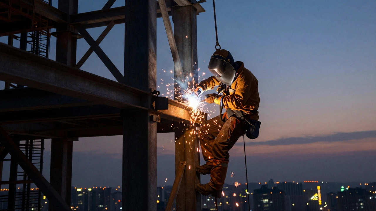 Structural ironworker welding at great height on a skyskeleton as sparks fly into dusk.