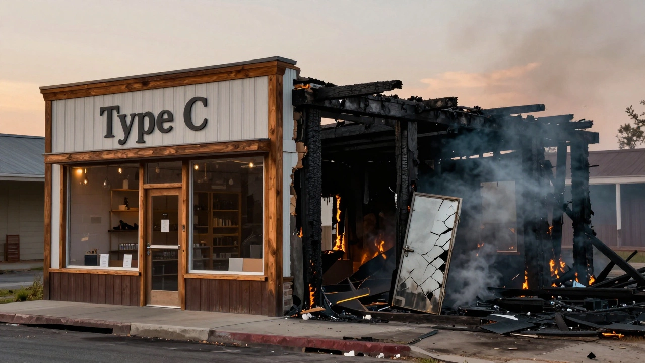 Type C retail building before and after a fire, with charred beams and collapsed ceiling.