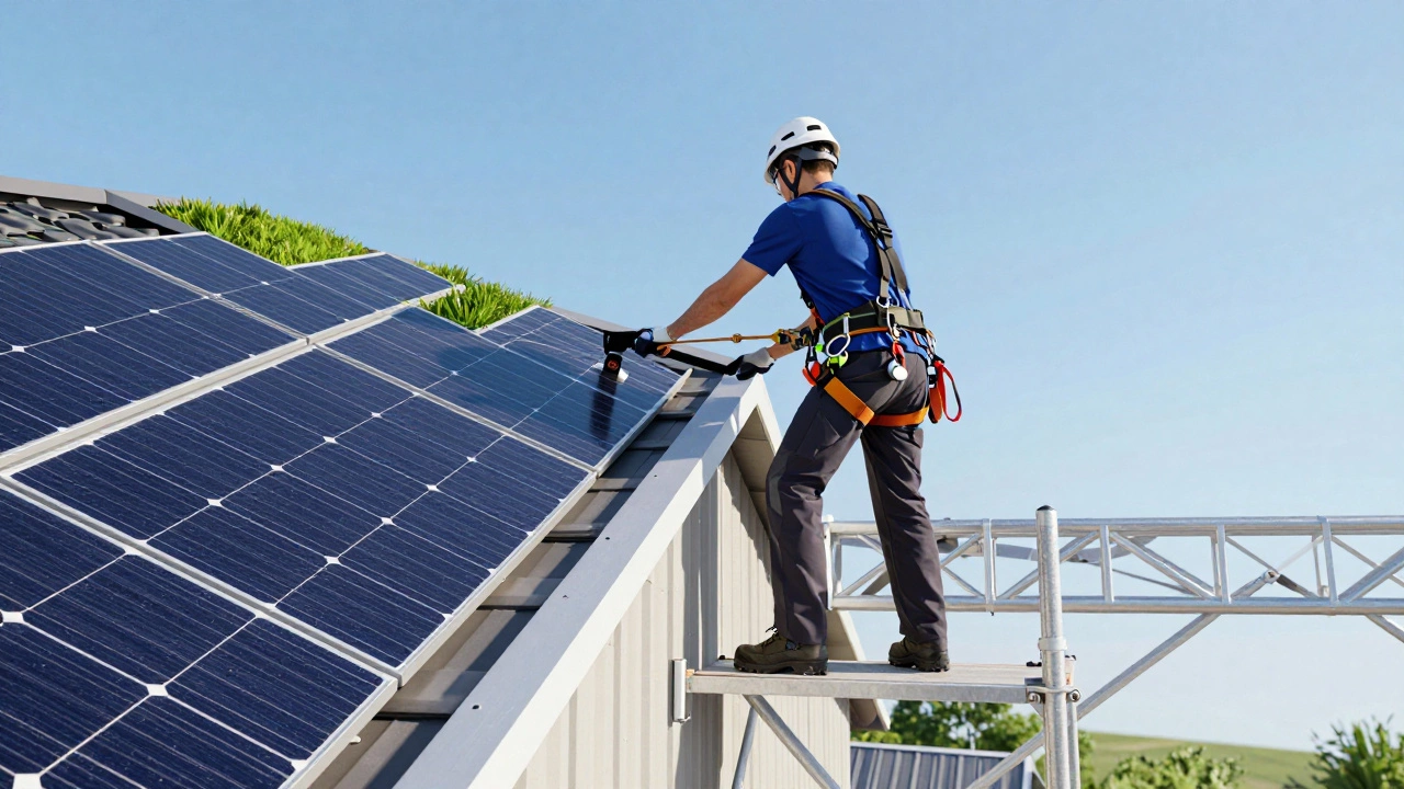 Worker with safety harness installing solar panels on roof.