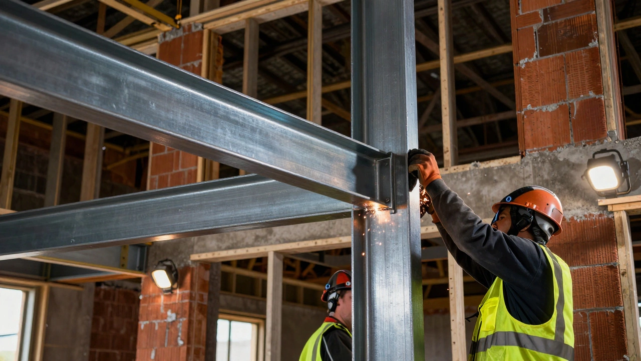 Workers installing steel beams during structural renovation.