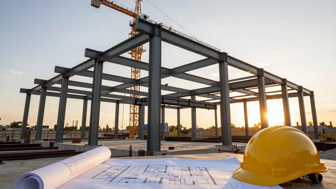 A commercial construction site showing a massive structural steel frame and blueprints.