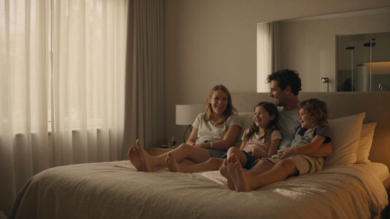 A family enjoying time together in a spacious, newly extended master bedroom suite.