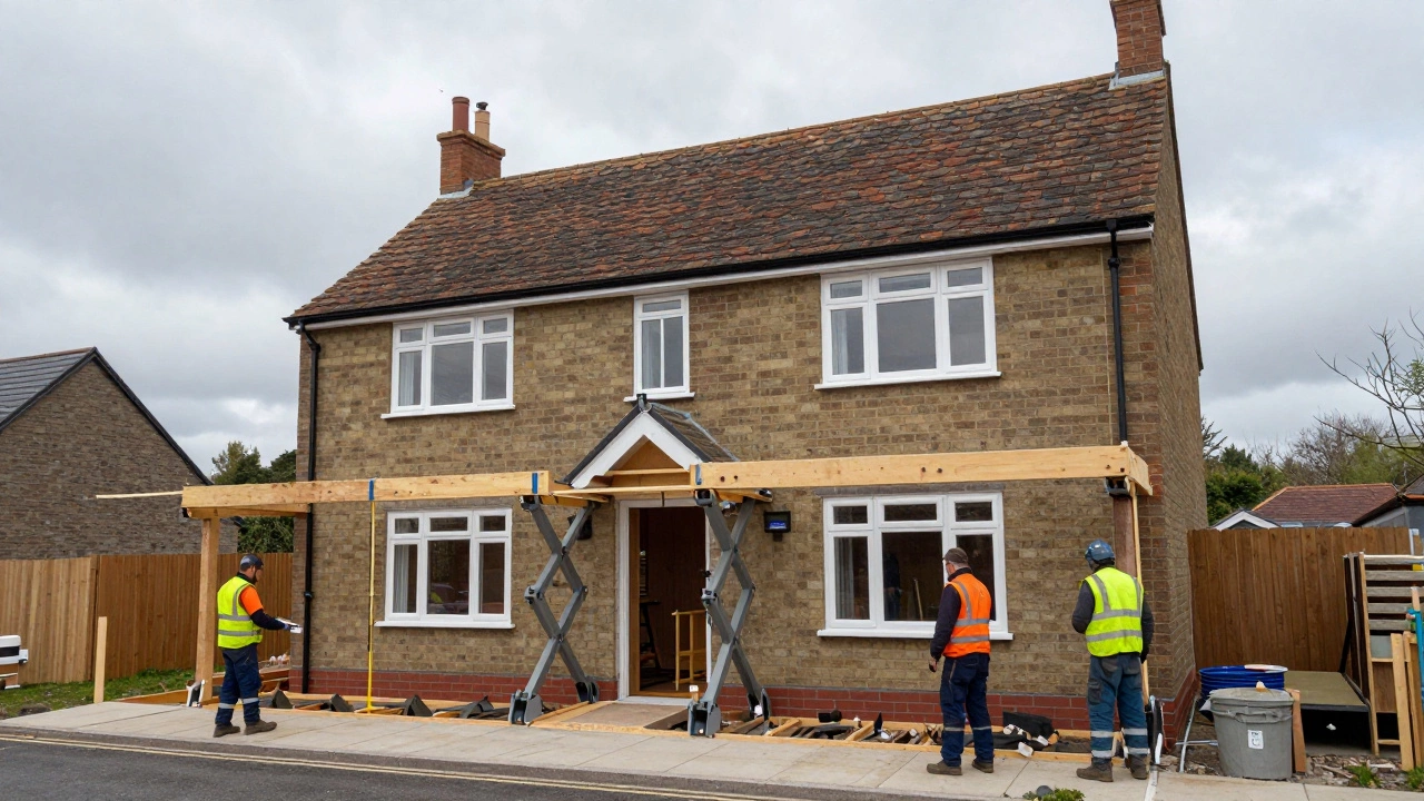 A house being lifted by hydraulic jacks for foundation repair