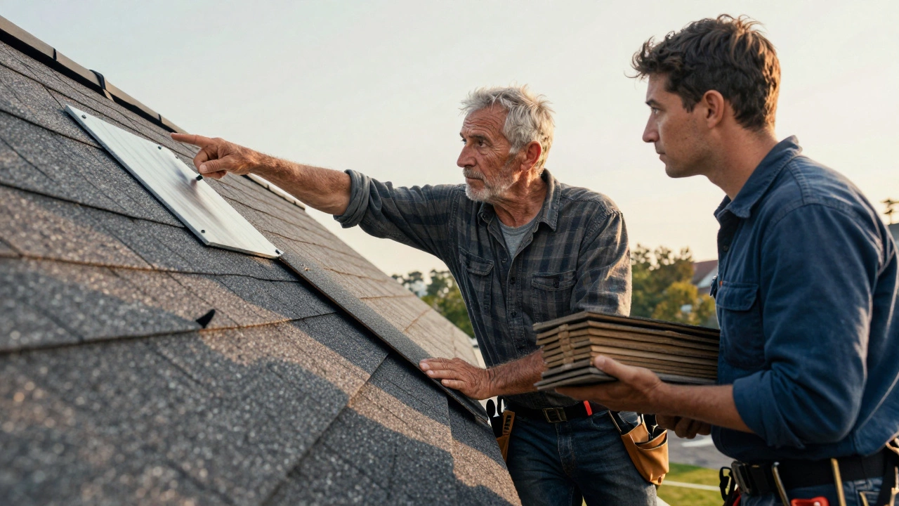 A master roofer mentoring a journeyman and a laborer on a roof.