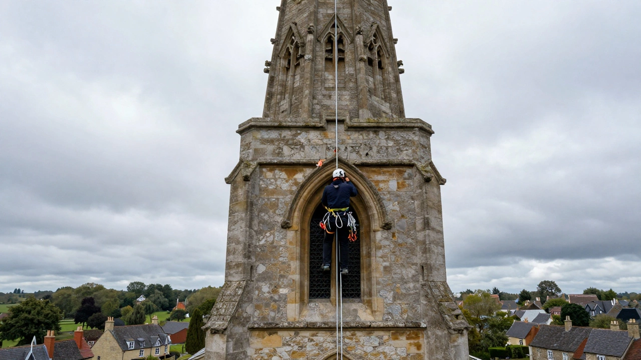 A steeplejack climbing a high stone church spire using professional rigging.